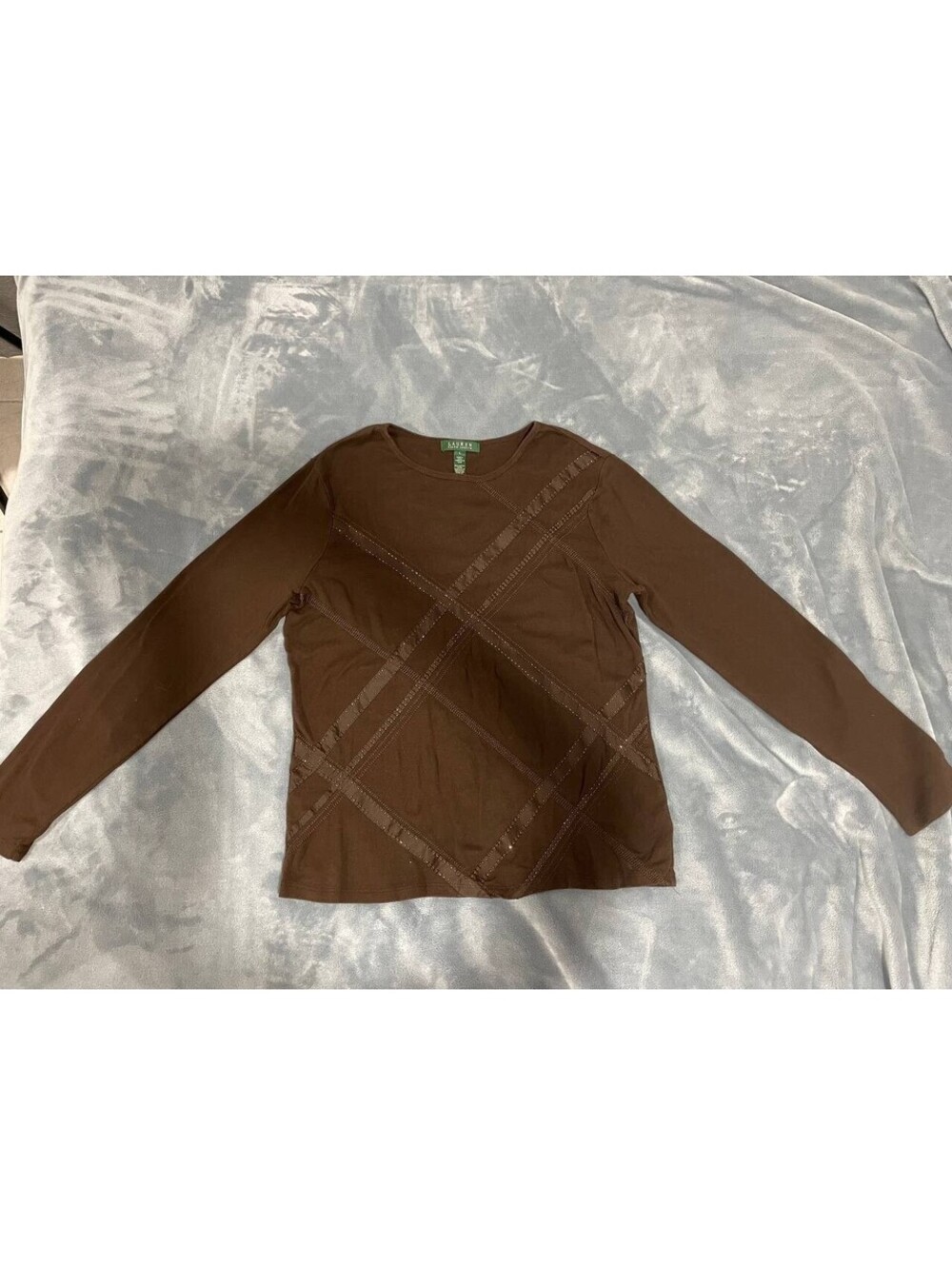 Lauren Ralph Lauren Brown Patterned Round Neck Cotton Top-Women's Small Blouse